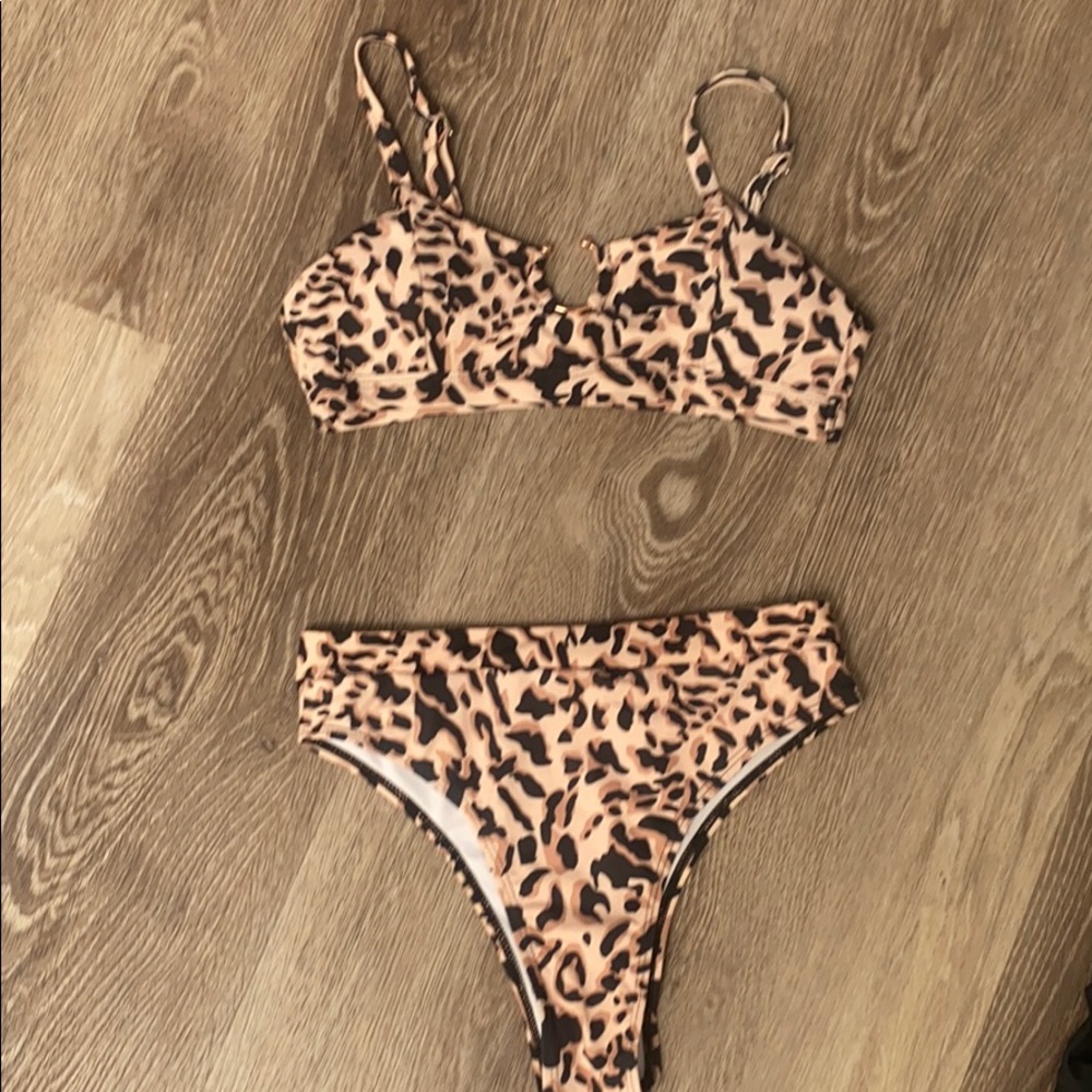 Brand new animal print high waisted swim bikini Top and bottom S leopard